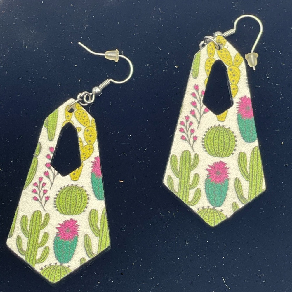 Geometric Cactus Earrings with Green and Pink Accents